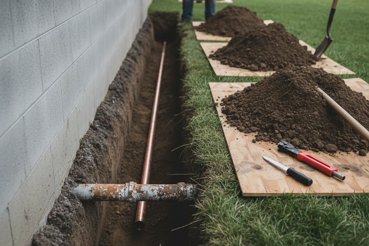 Excavated water line trench during Water Heater Repair in Newman